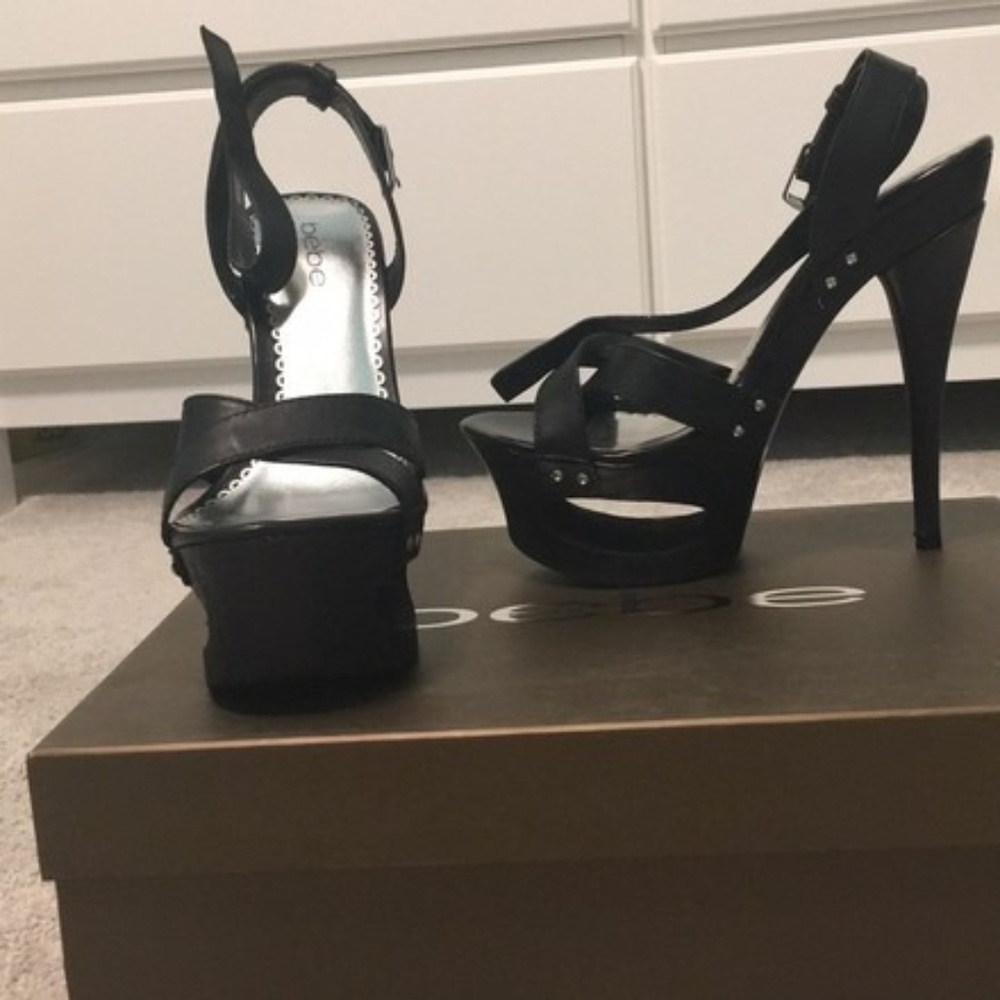 Bebe Gaby Leather Wood Cutout Platform Heels